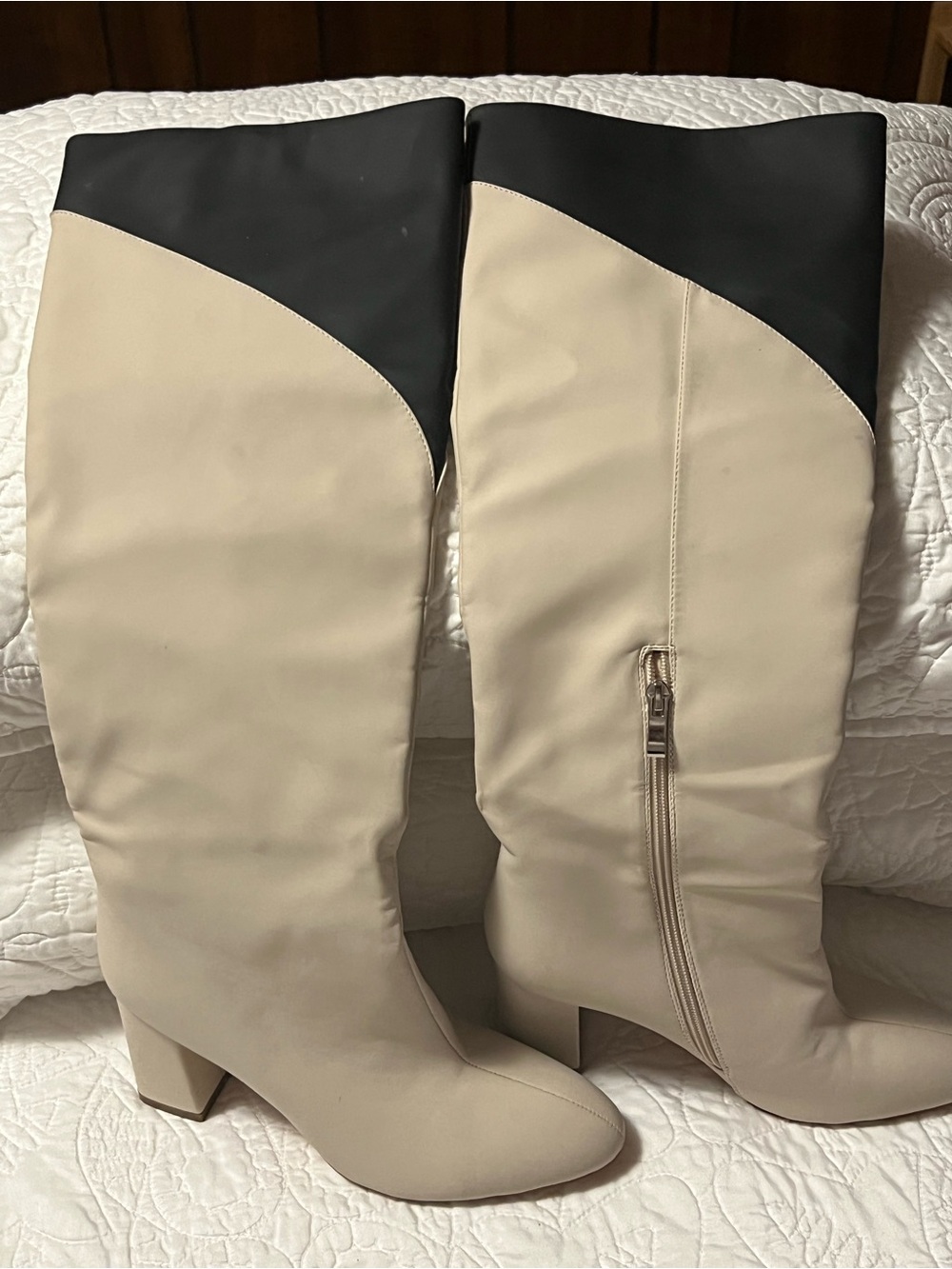 Vivianly Two-Tone Over-the-Knee Boots in Beige and Black